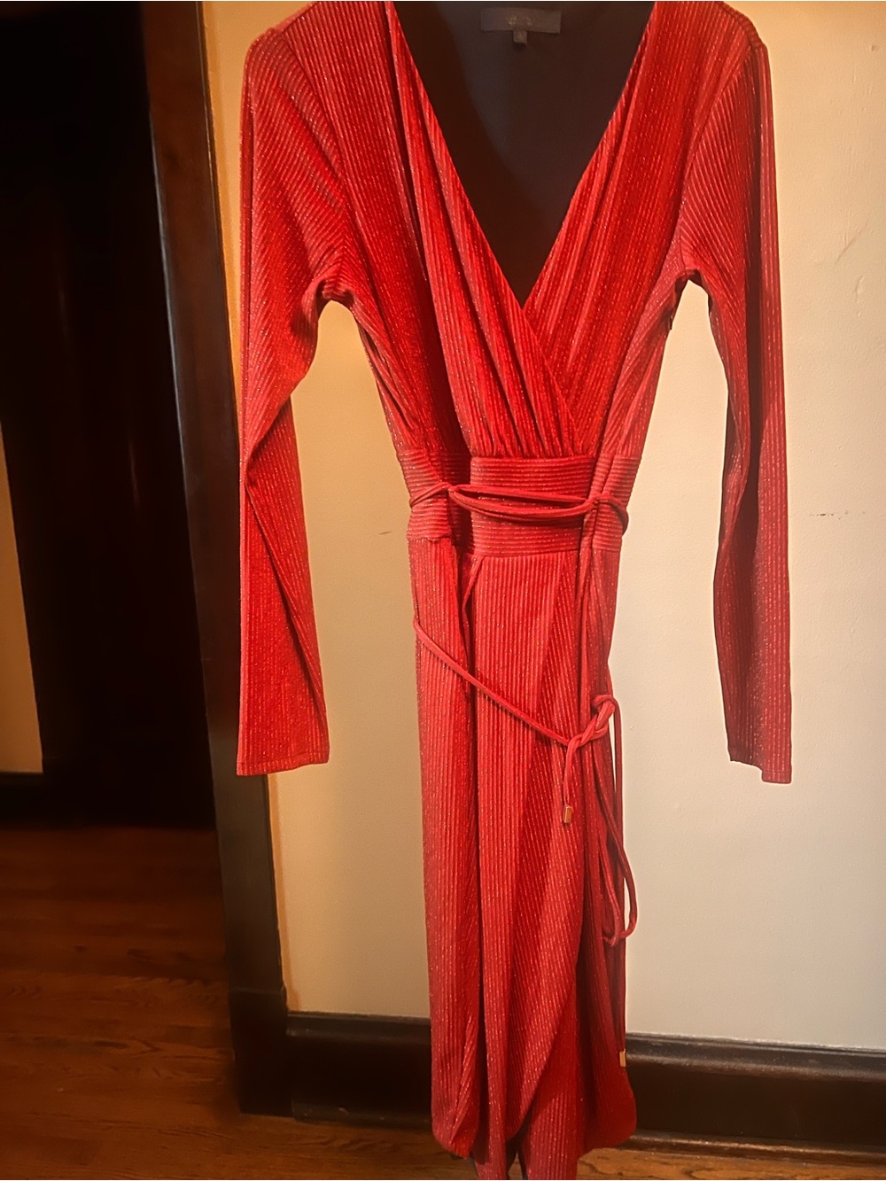 Rachel Red Ribbed Wrap Maxi Dress with Self-Tie Waist